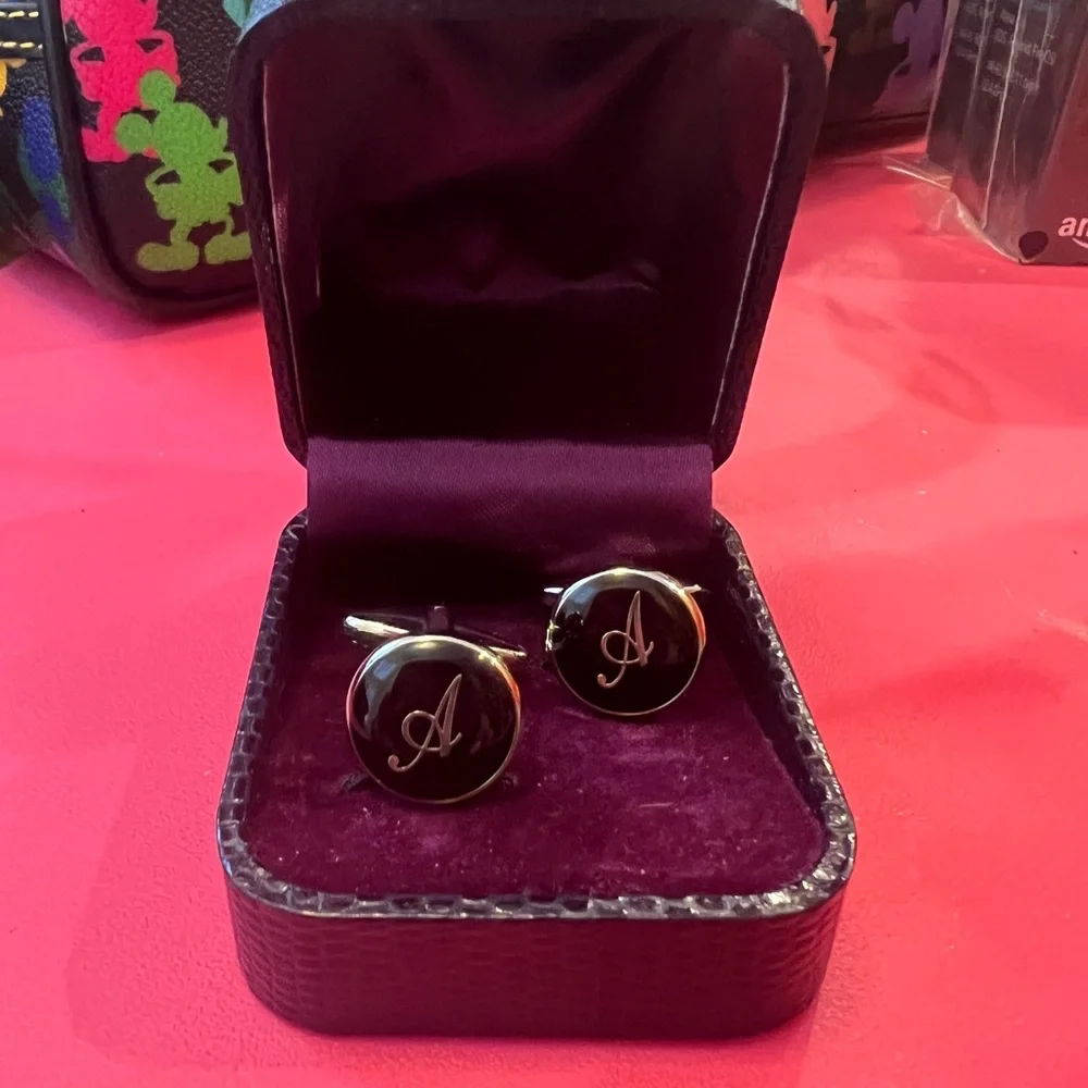 2 pr Set Men’s HJ Vintage Cuff Links Black Silver INITIAL A NEW Orig Box